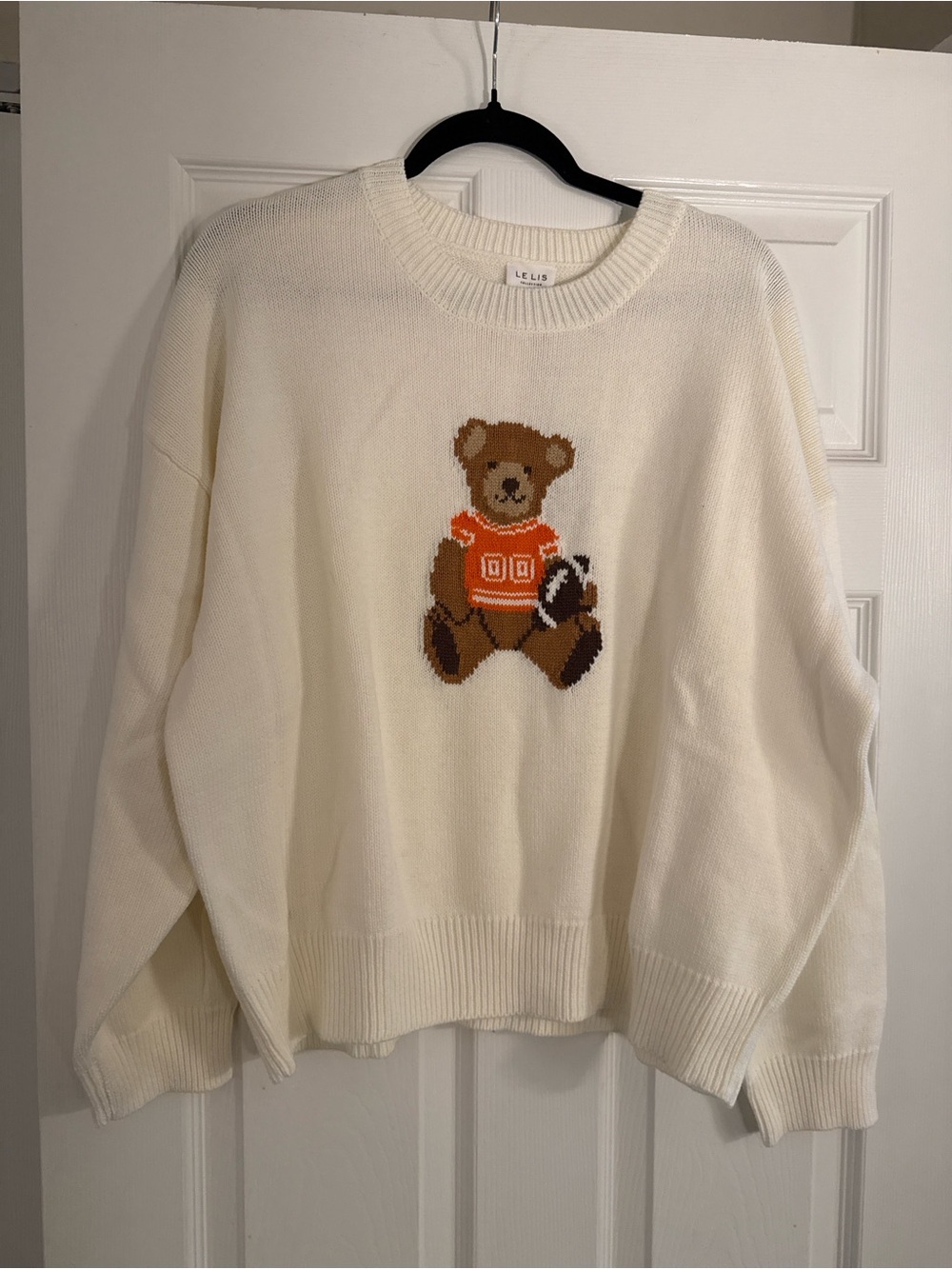 Le Lis Cream Crewneck Sweater with Brown & Orange Teddy
